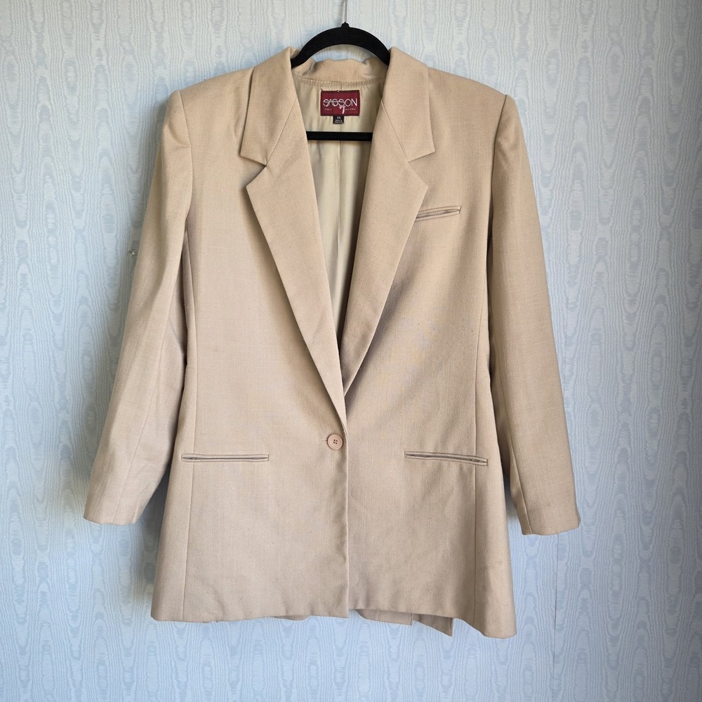 Vtg Sasson Paris Womens 14 Blazer Jacket Textured Beige Old Money Chic Academia